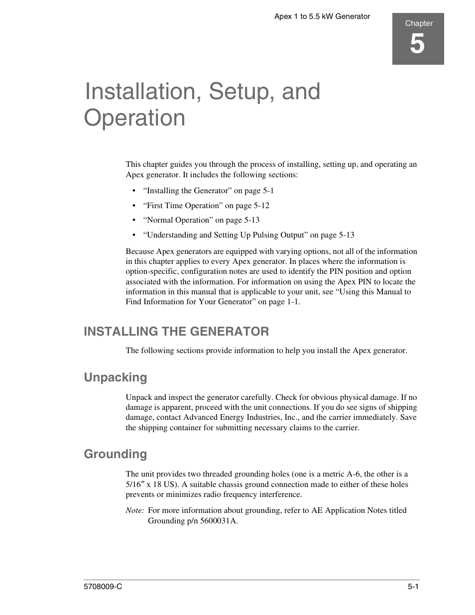 Installation, setup, and operation, Installing the generator, Unpacking | Grounding, Chapter 5. installation, setup, and operation, Installing the generator -1, Unpacking -1 grounding -1 | Apex Digital 5708009-C User Manual | Page 129 / 160