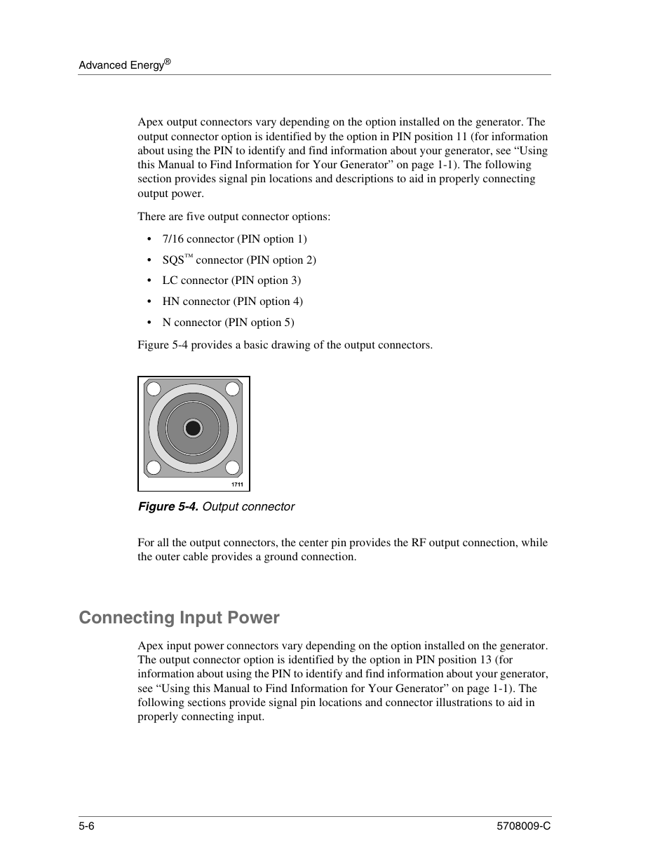 There are five output connector options, Figure 5-4. output connector, Connecting input power | Connecting input power -6, Output connector -6 | Apex Digital 5708009-C User Manual | Page 134 / 160