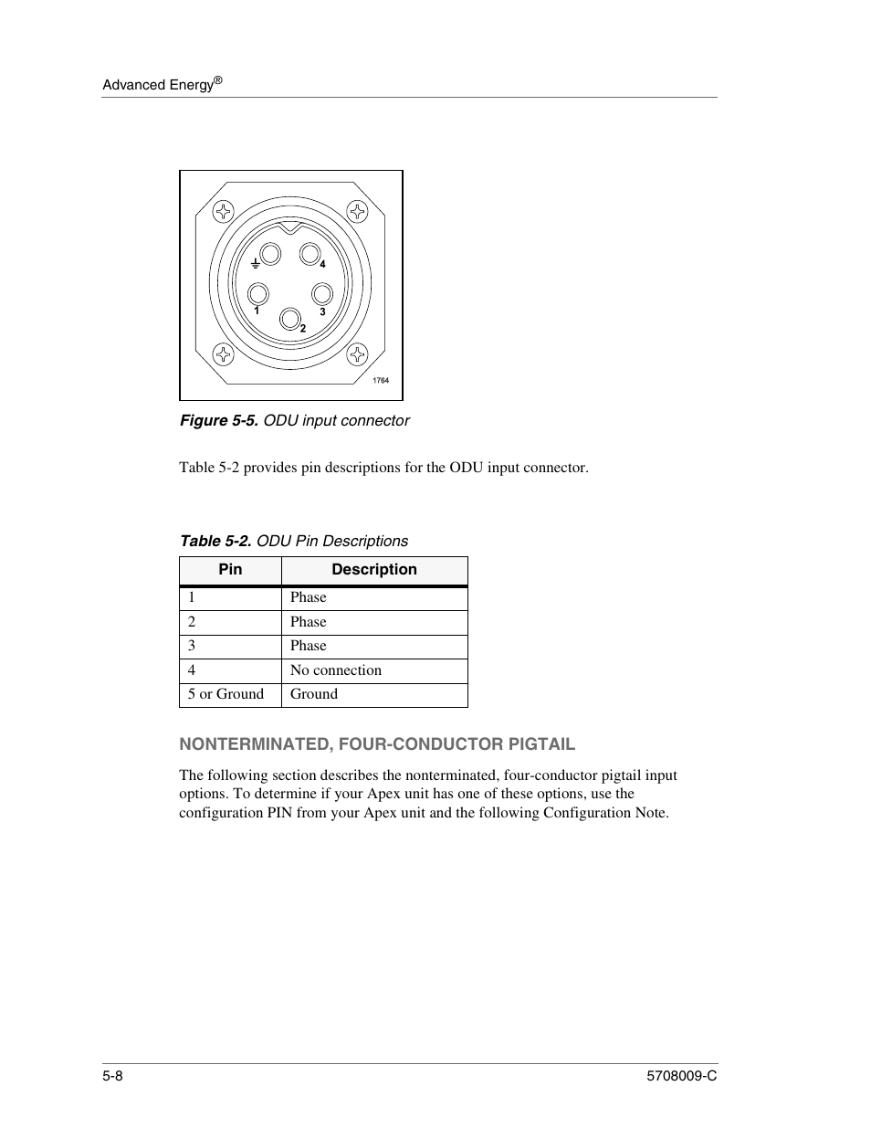Figure 5-5. odu input connector, Table 5-2. odu pin descriptions, Phase | No connection, 5 or ground, Ground, Nonterminated, four-conductor pigtail, Nonterminated, four-conductor pigtail -8, Odu input connector -8, Odu pin descriptions -8 | Apex Digital 5708009-C User Manual | Page 136 / 160