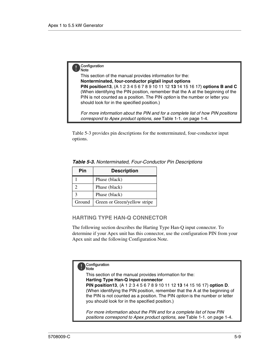 Phase (black), Ground, Green or green/yellow stripe | Harting type han-q connector, Harting type han-q connector -9, Nonterminated, four-conductor pin descriptions -9 | Apex Digital 5708009-C User Manual | Page 137 / 160