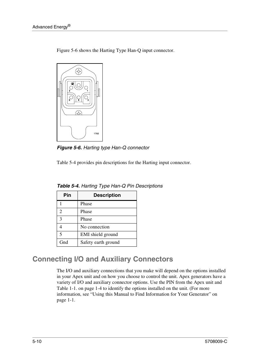 Figure 5-6. harting type han-q connector, Table 5-4. harting type han-q pin descriptions, Phase | No connection, Emi shield ground, Safety earth ground, Connecting i/o and auxiliary connectors, Connecting i/o and auxiliary connectors -10, Harting type han-q connector -10, Harting type han-q pin descriptions -10 | Apex Digital 5708009-C User Manual | Page 138 / 160