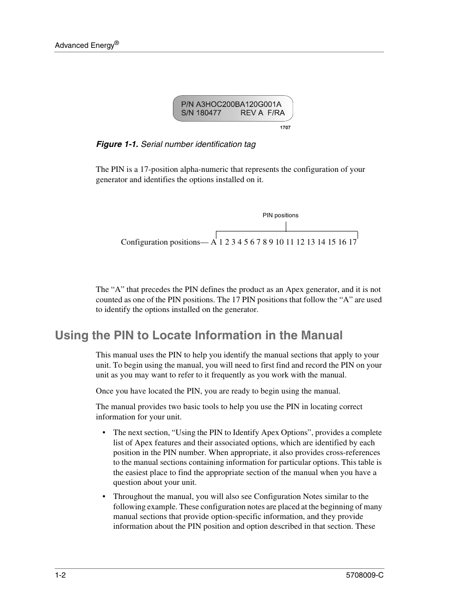 Figure 1-1. serial number identification tag, Using the pin to locate information in the manual, Serial number identification tag -2 | Apex Digital 5708009-C User Manual | Page 14 / 160