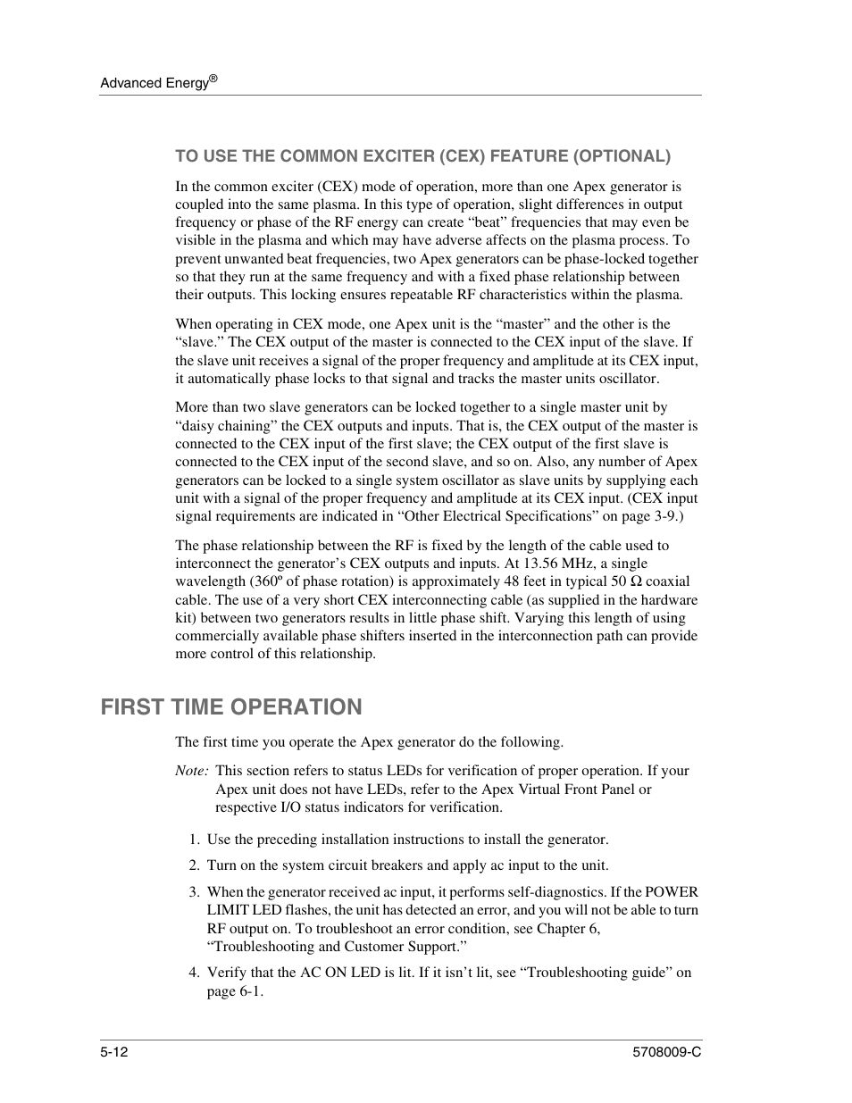 To use the common exciter (cex) feature (optional), First time operation, First time operation -12 | Apex Digital 5708009-C User Manual | Page 140 / 160