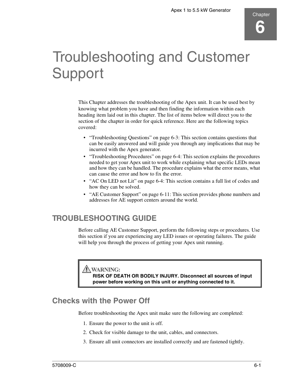 Troubleshooting and customer support, Troubleshooting guide, Checks with the power off | Ensure the power to the unit is off, Chapter 6. troubleshooting and customer support, Troubleshooting guide -1, Checks with the power off -1, E “troubleshooting guide” on, Troubleshooting guide” on | Apex Digital 5708009-C User Manual | Page 143 / 160