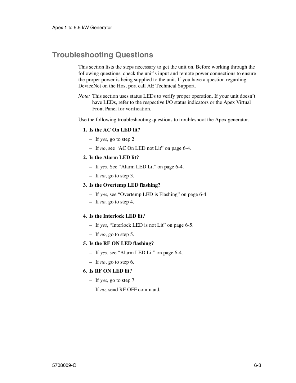 Troubleshooting questions, Is the ac on led lit, Is the alarm led lit | Is the overtemp led flashing, Is the interlock led lit, Is the rf on led flashing, Is rf on led lit, Troubleshooting questions -3 | Apex Digital 5708009-C User Manual | Page 145 / 160