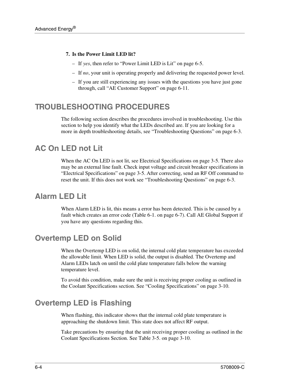 Is the power limit led lit, Troubleshooting procedures, Ac on led not lit | Alarm led lit, Overtemp led on solid, Overtemp led is flashing, Troubleshooting procedures -4 | Apex Digital 5708009-C User Manual | Page 146 / 160