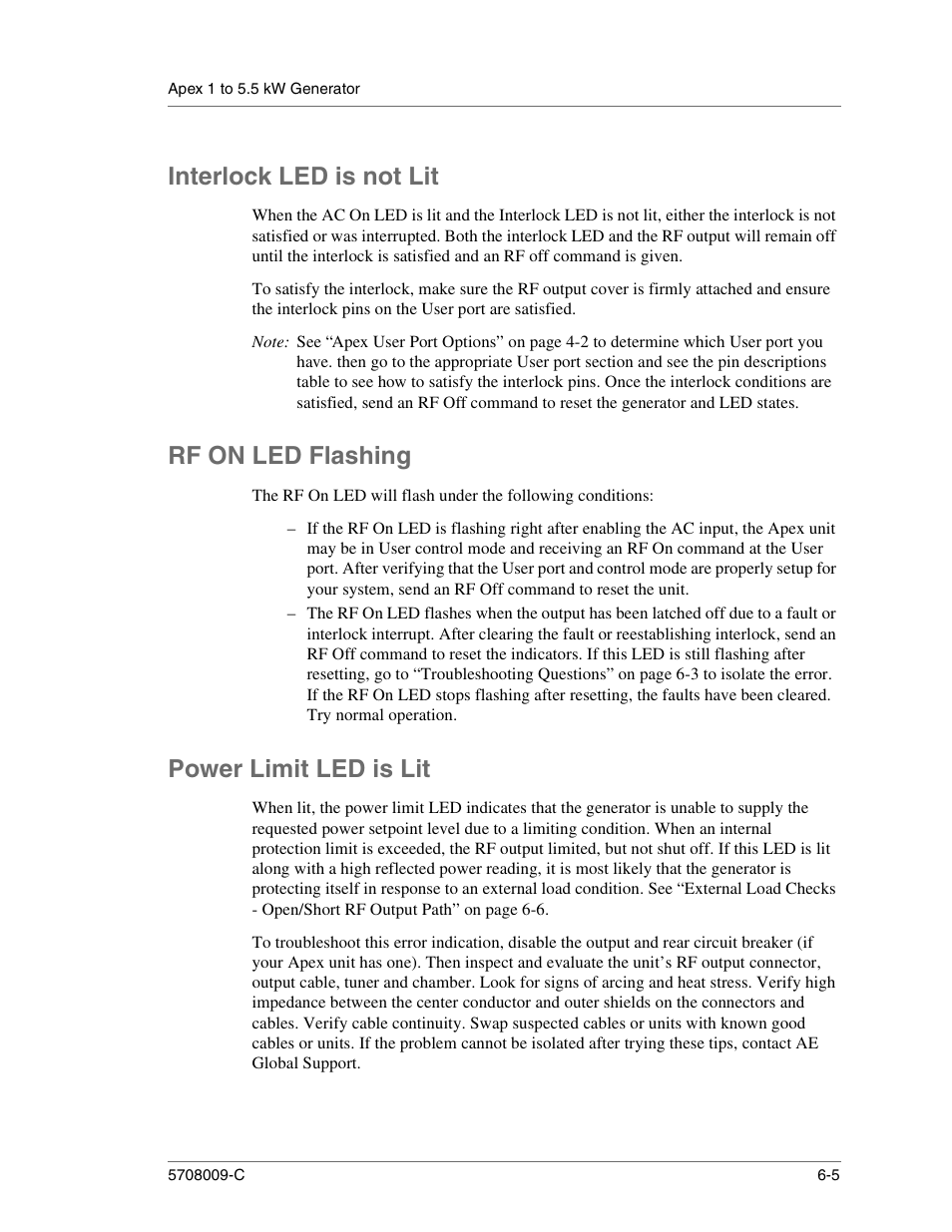 Interlock led is not lit, Rf on led flashing, Power limit led is lit | Apex Digital 5708009-C User Manual | Page 147 / 160