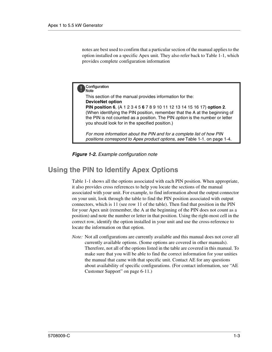 Figure 1-2. example configuration note, Using the pin to identify apex options, Using the pin to identify apex options -3 | Example configuration note -3 | Apex Digital 5708009-C User Manual | Page 15 / 160