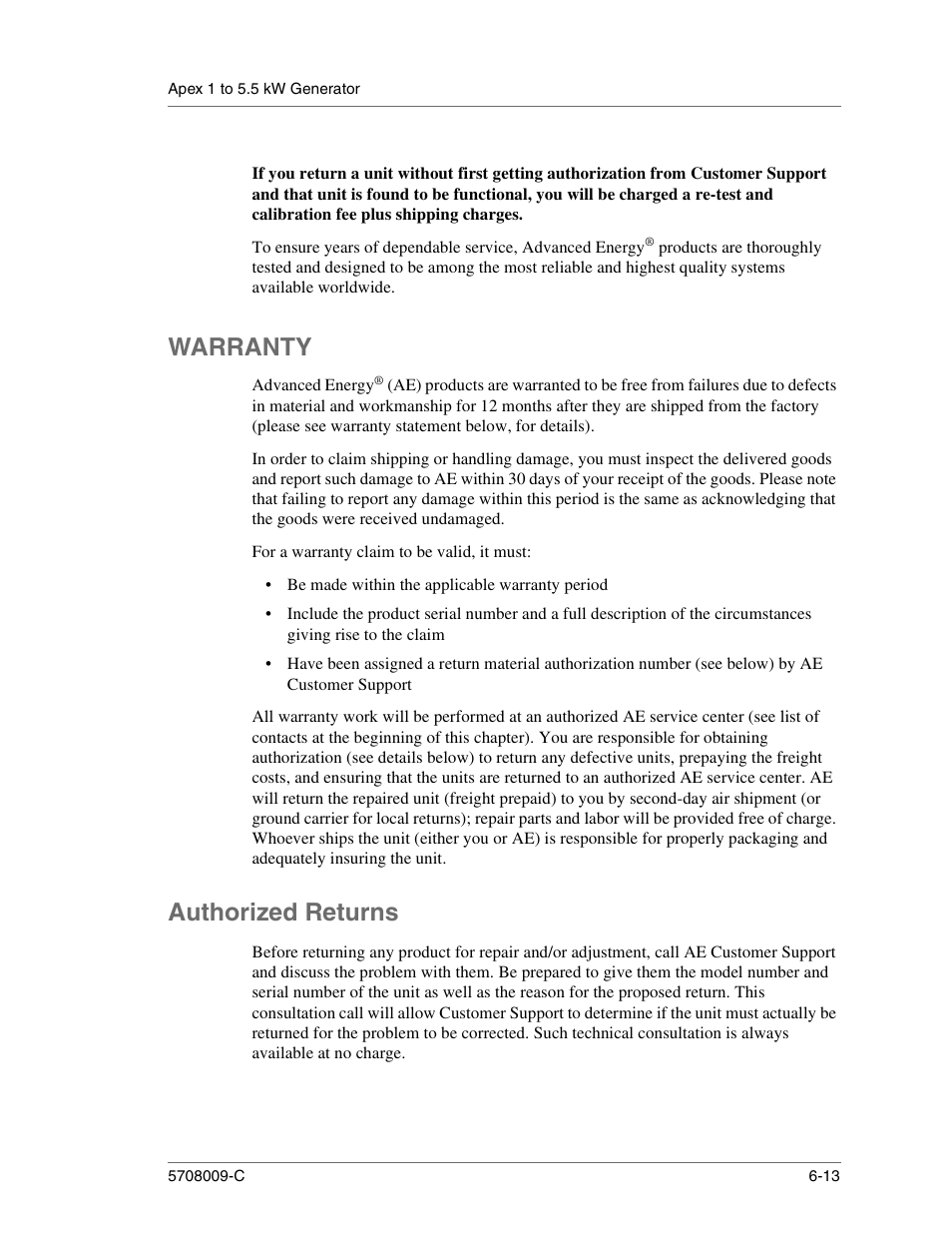Warranty, Authorized returns, Warranty -13 | Authorized returns -13 | Apex Digital 5708009-C User Manual | Page 155 / 160