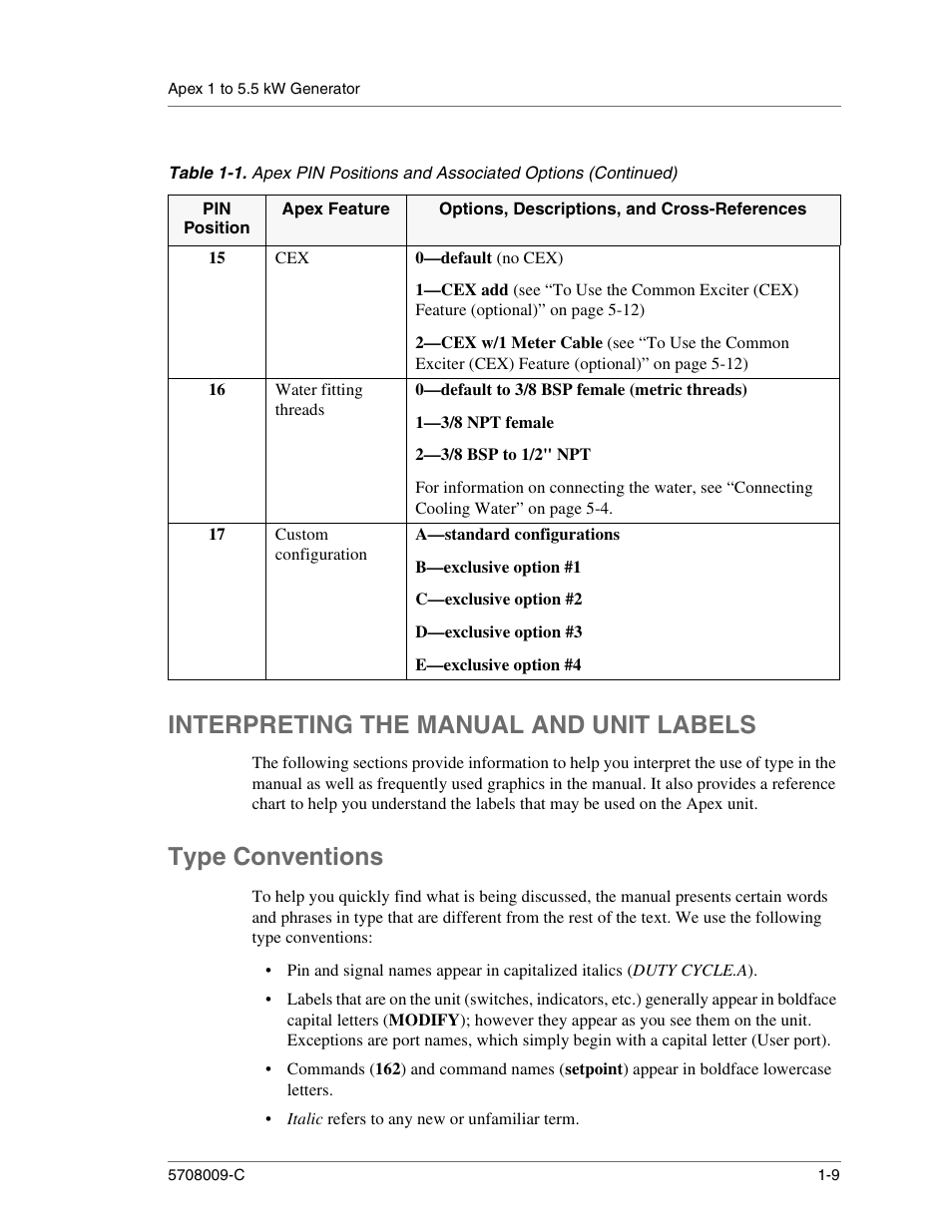 0—default (no cex), Water fitting threads, 0—default to 3/8 bsp female (metric threads) | 1—3/8 npt female, 2—3/8 bsp to 1/2" npt, Custom configuration, A—standard configurations, B—exclusive option #1, C—exclusive option #2, D—exclusive option #3 | Apex Digital 5708009-C User Manual | Page 21 / 160