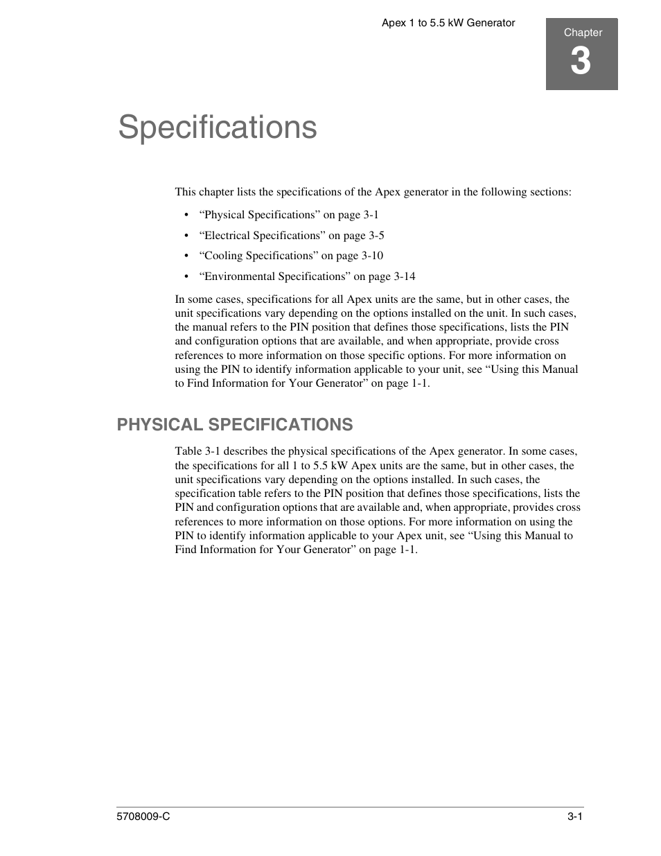 Specifications, Physical specifications, Chapter 3. specifications | Physical specifications -1 | Apex Digital 5708009-C User Manual | Page 33 / 160