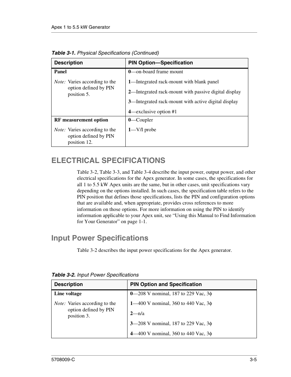Panel, 0—on-board frame mount, 1—integrated rack-mount with blank panel | 4—exclusive option #1, Rf measurement option, 0—coupler, 1—v/i probe, Electrical specifications, Input power specifications, Table 3-2. input power specifications | Apex Digital 5708009-C User Manual | Page 37 / 160