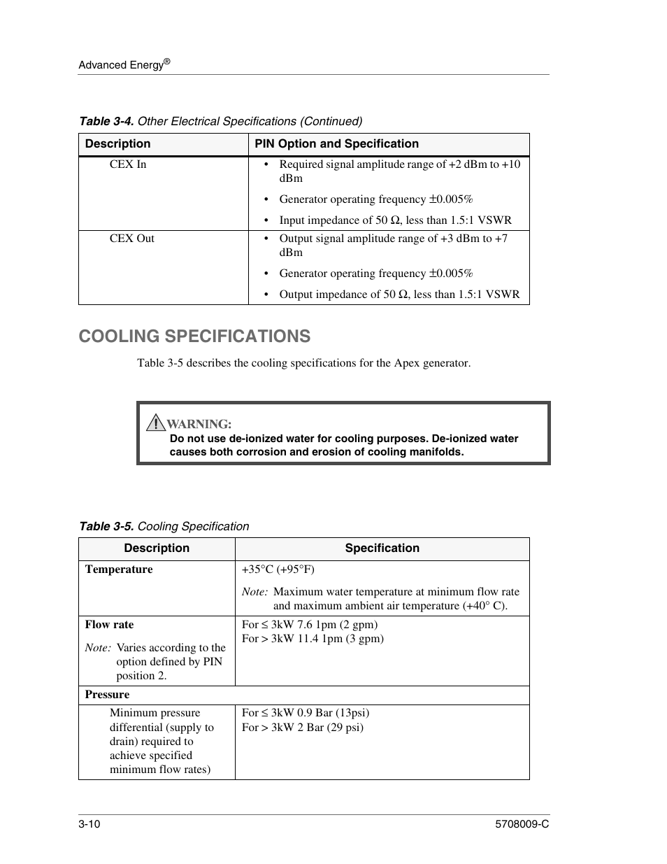 Cex in, Cex out, Cooling specifications | Table 3-5. cooling specification, Temperature, 35°c (+95°f), Flow rate, Pressure, For £ 3kw 0.9 bar (13psi) for > 3kw 2 bar (29 psi), Cooling specifications -10 | Apex Digital 5708009-C User Manual | Page 42 / 160