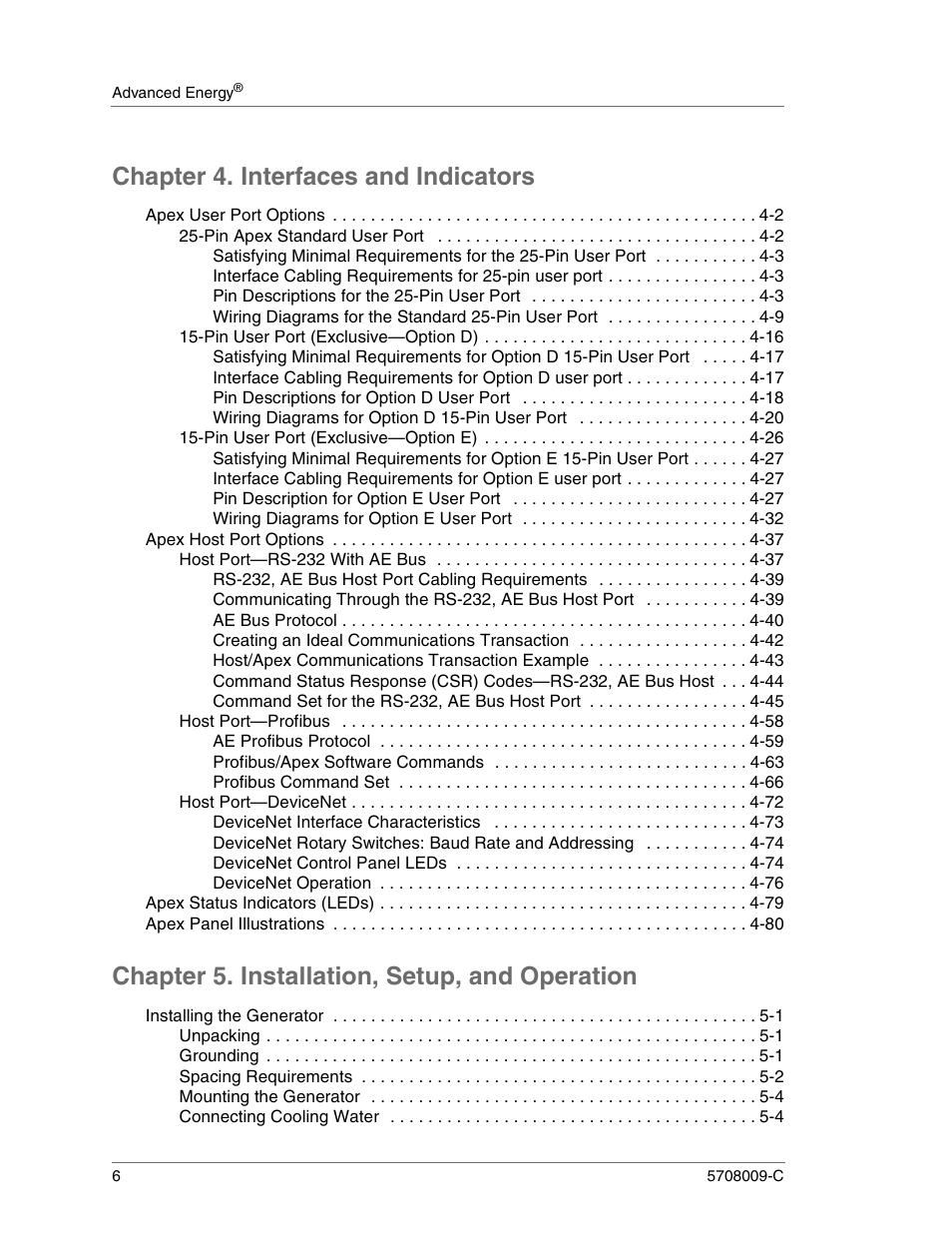 Chapter 4. interfaces and indicators, Chapter 5. installation, setup, and operation | Apex Digital 5708009-C User Manual | Page 6 / 160