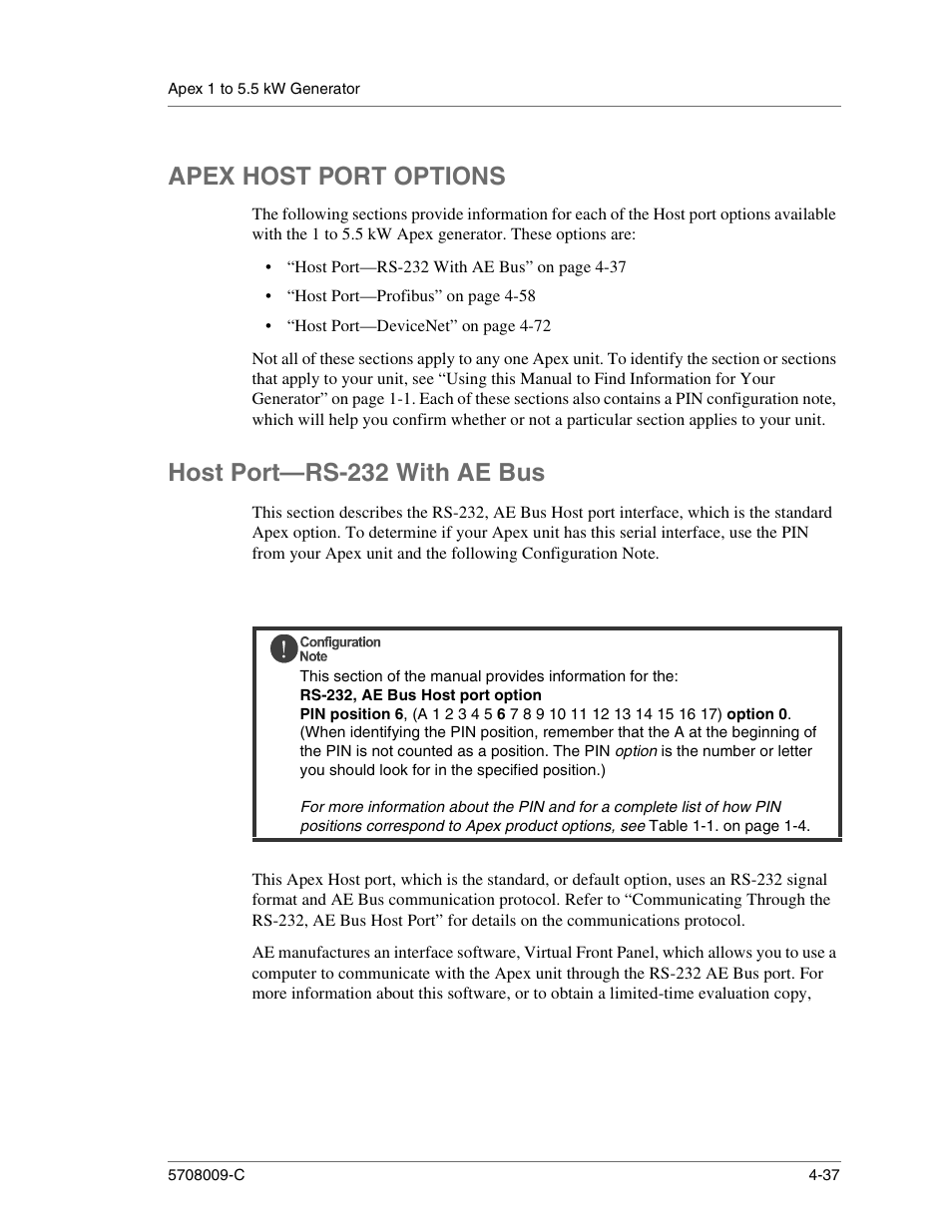 Apex host port options, Host port—rs-232 with ae bus, Apex host port options -37 | Host port—rs-232 with ae bus -37 | Apex Digital 5708009-C User Manual | Page 83 / 160