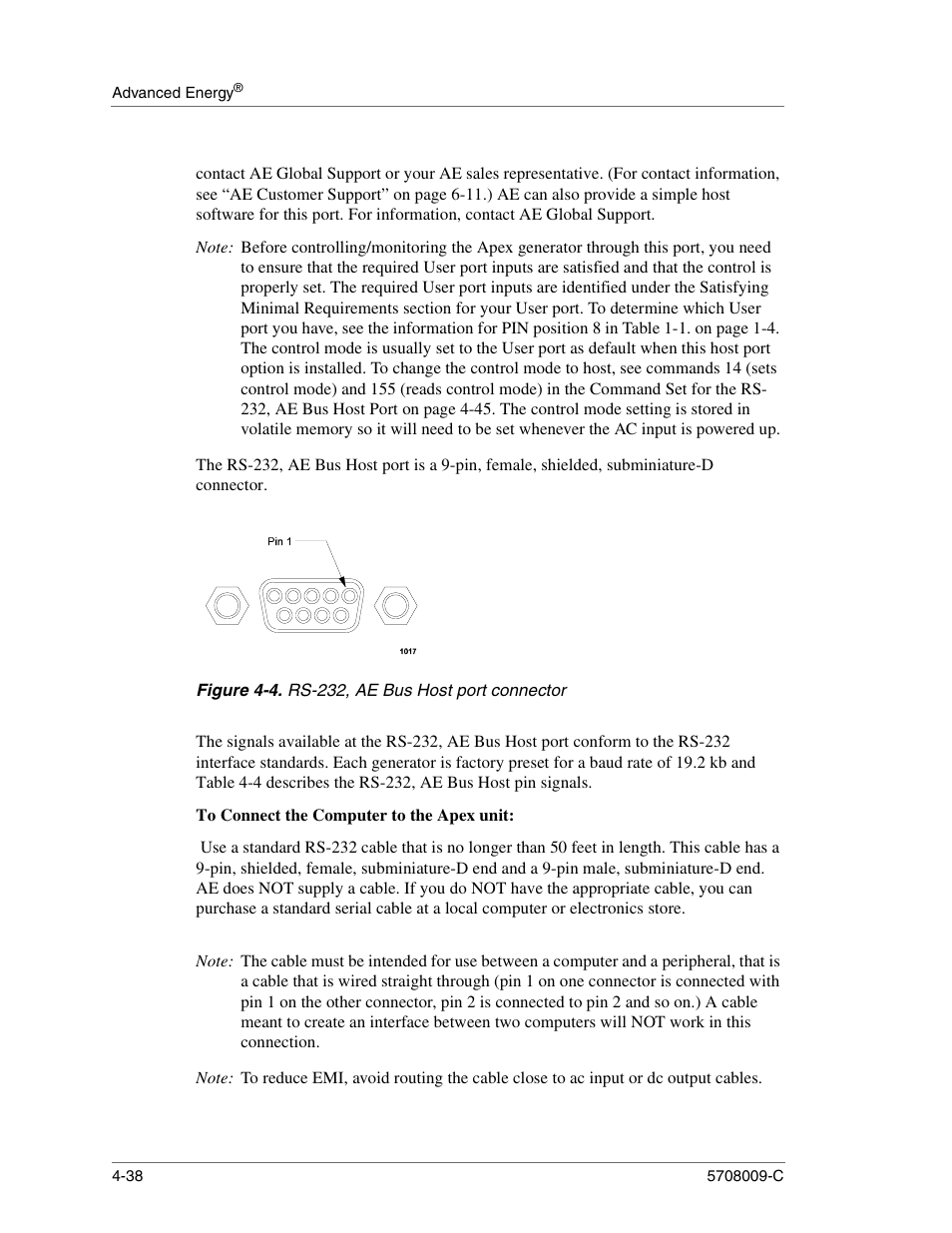 Figure 4-4. rs-232, ae bus host port connector, To connect the computer to the apex unit, Rs-232, ae bus host port connector -38 | Apex Digital 5708009-C User Manual | Page 84 / 160