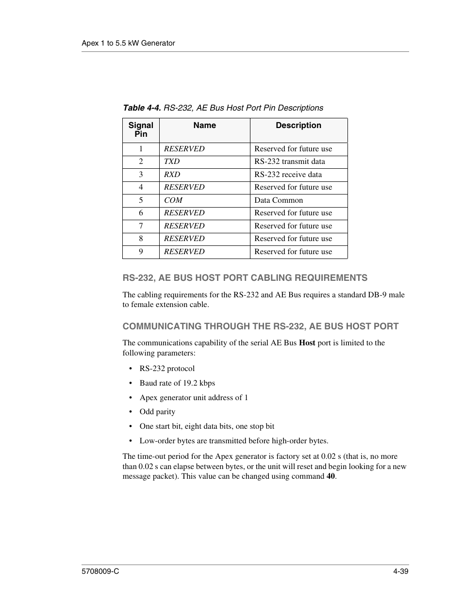Reserved for future use, Rs-232 transmit data, Rs-232 receive data | Data common, Rs-232, ae bus host port cabling requirements, Communicating through the rs-232, ae bus host port, Rs-232, ae bus host port pin descriptions -39, Table 4-4 des | Apex Digital 5708009-C User Manual | Page 85 / 160