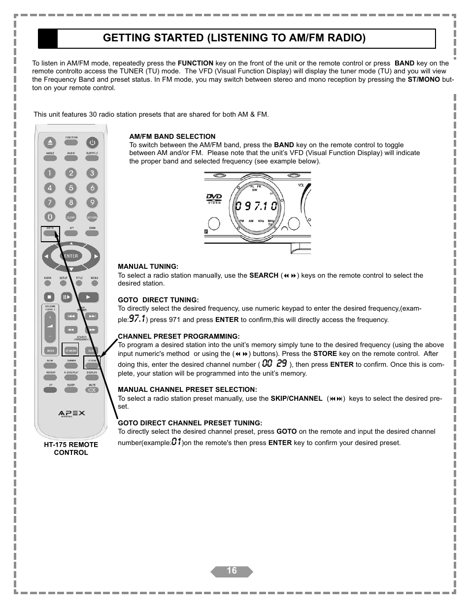 Getting started (listening to am/fm radio) | Apex Digital HT-175 User Manual | Page 17 / 34