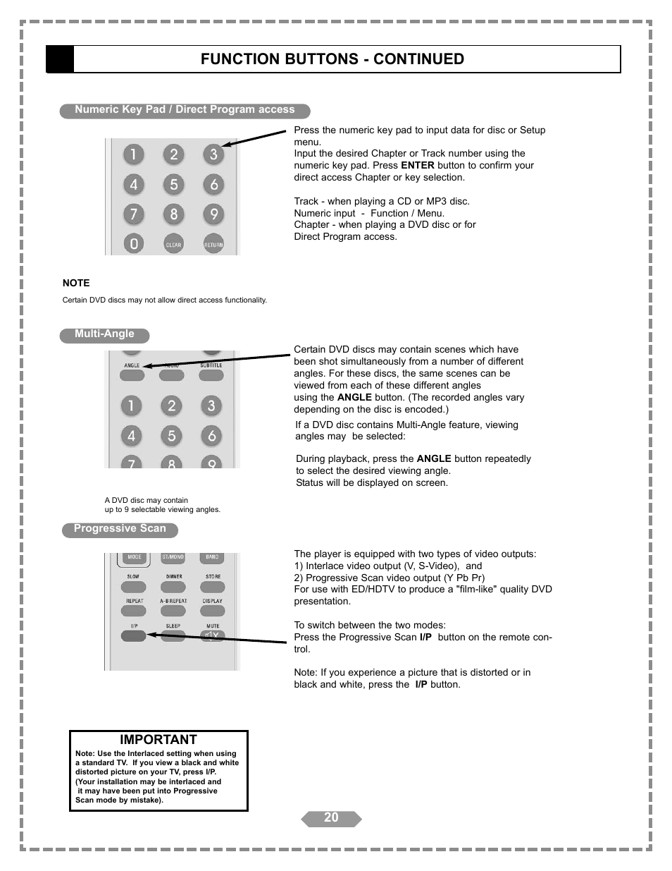 Function buttons - continued, Important | Apex Digital HT-175 User Manual | Page 21 / 34