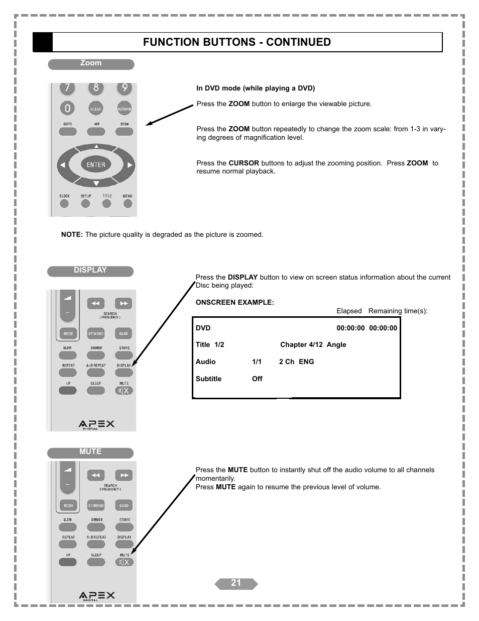 Function buttons - continued | Apex Digital HT-175 User Manual | Page 22 / 34