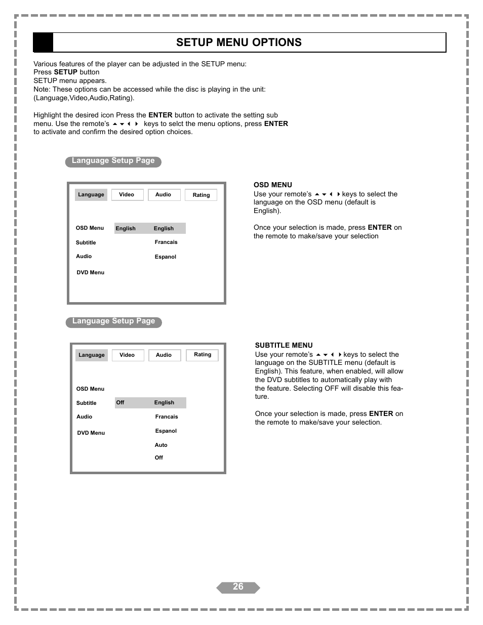 Setup menu options, Language setup | Apex Digital HT-175 User Manual | Page 27 / 34