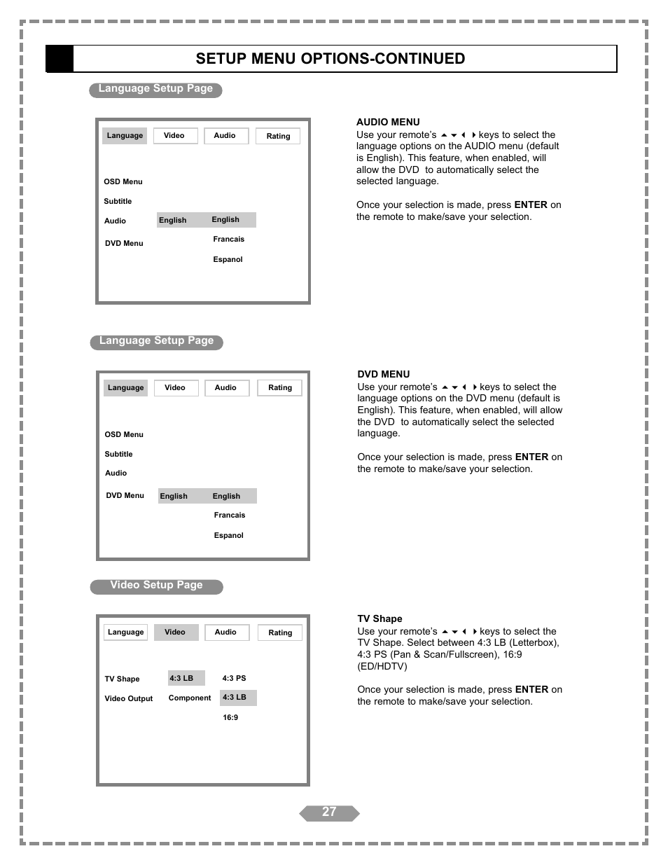 Setup menu options-continued, Language setup | Apex Digital HT-175 User Manual | Page 28 / 34