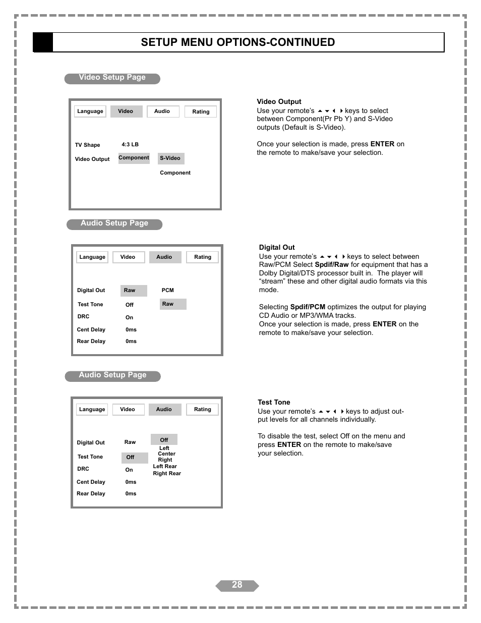 Setup menu options-continued, Language setup | Apex Digital HT-175 User Manual | Page 29 / 34