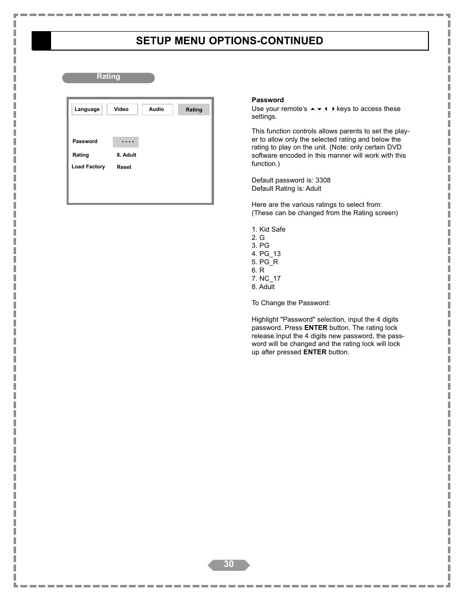 Setup menu options-continued, Language setup | Apex Digital HT-175 User Manual | Page 31 / 34