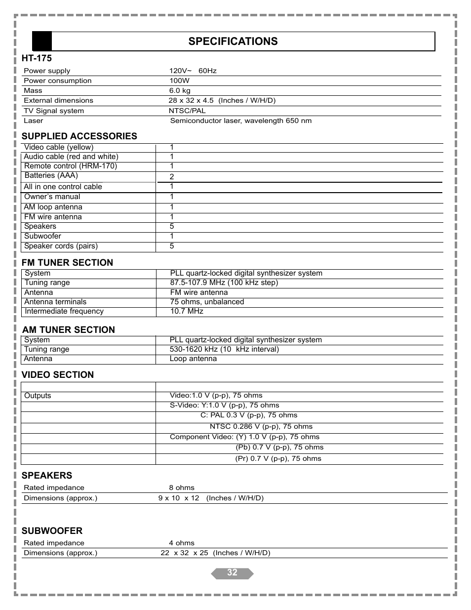 Specifications | Apex Digital HT-175 User Manual | Page 33 / 34