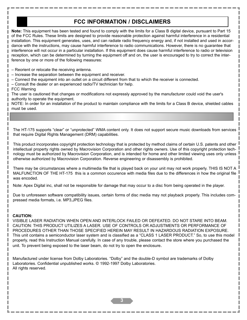 Fcc information / disclaimers | Apex Digital HT-175 User Manual | Page 4 / 34