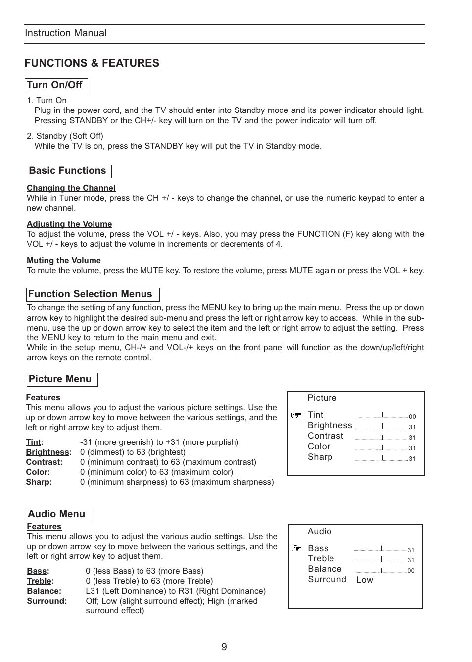 Functions & features, Turn on/off, Basic functions function selection menus | Picture menu, Audio menu, Instruction manual | Apex Digital AT2708S User Manual | Page 10 / 16