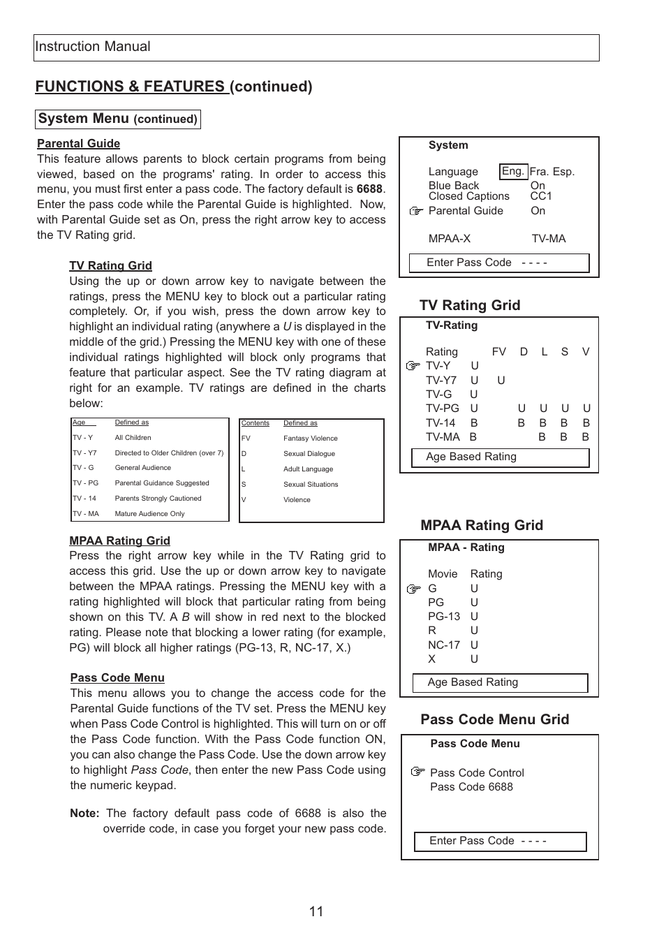 Functions & features (continued), System menu, Mpaa rating grid | Tv rating grid, Pass code menu grid instruction manual | Apex Digital AT2708S User Manual | Page 12 / 16