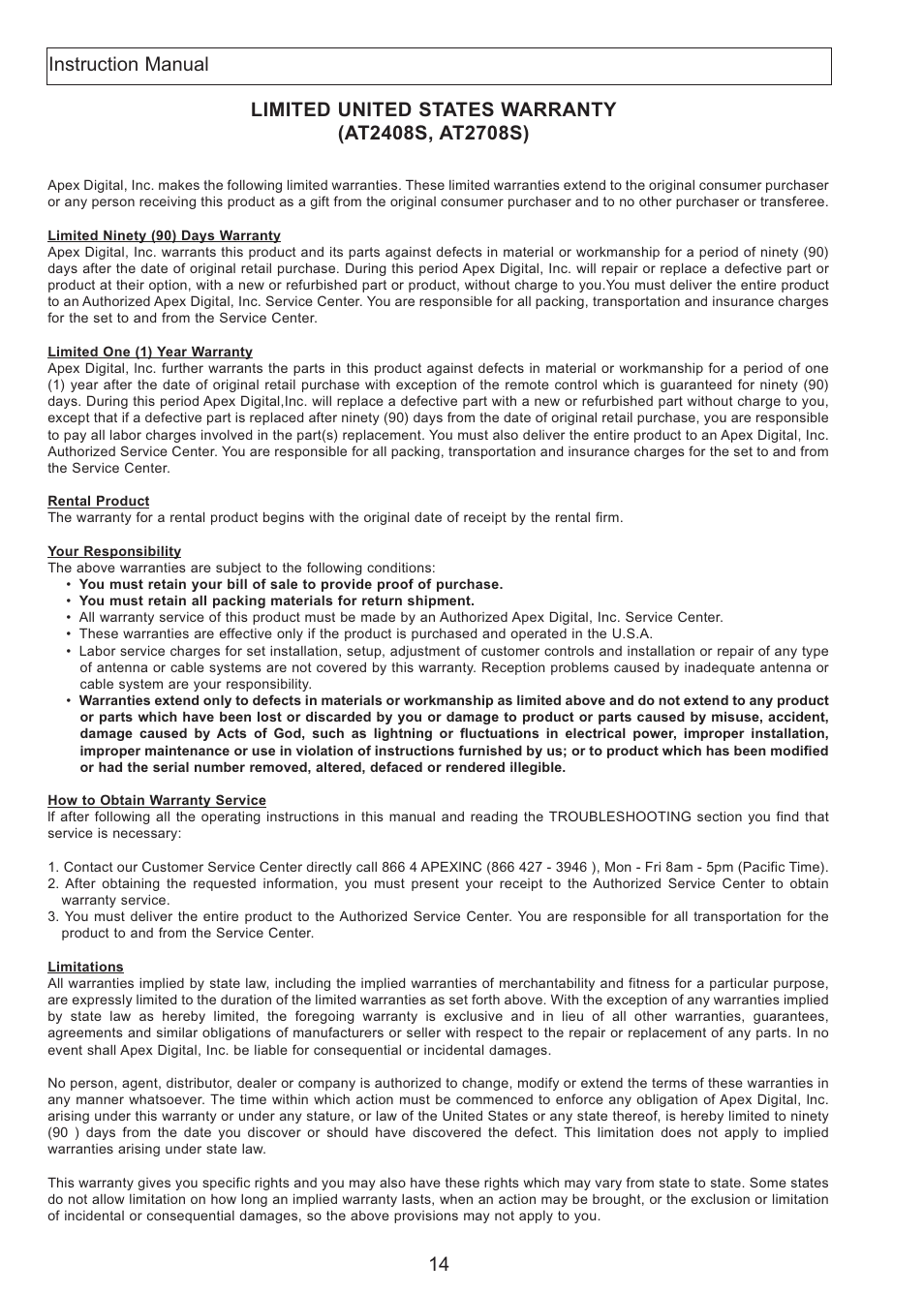 Instruction manual | Apex Digital AT2708S User Manual | Page 15 / 16