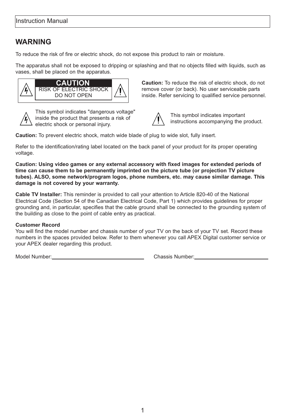 Warning, Caution | Apex Digital AT2708S User Manual | Page 2 / 16