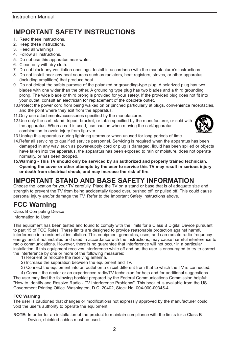 Important safety instructions, Important stand and base safety information, Fcc warning | Apex Digital AT2708S User Manual | Page 3 / 16