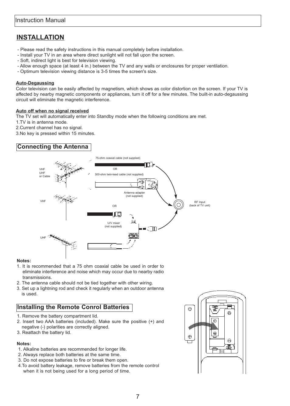 Installation, Connecting the antenna, Instruction manual | Installing the remote conrol batteries | Apex Digital AT2708S User Manual | Page 8 / 16