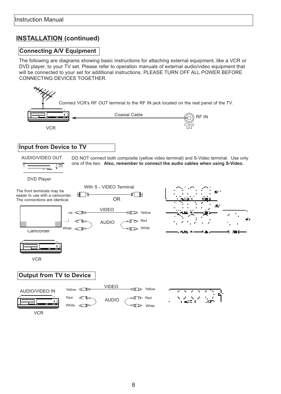 Installation (continued), Connecting a/v equipment, Output from tv to device input from device to tv | Instruction manual stscript picture sxj | Apex Digital AT2708S User Manual | Page 9 / 16