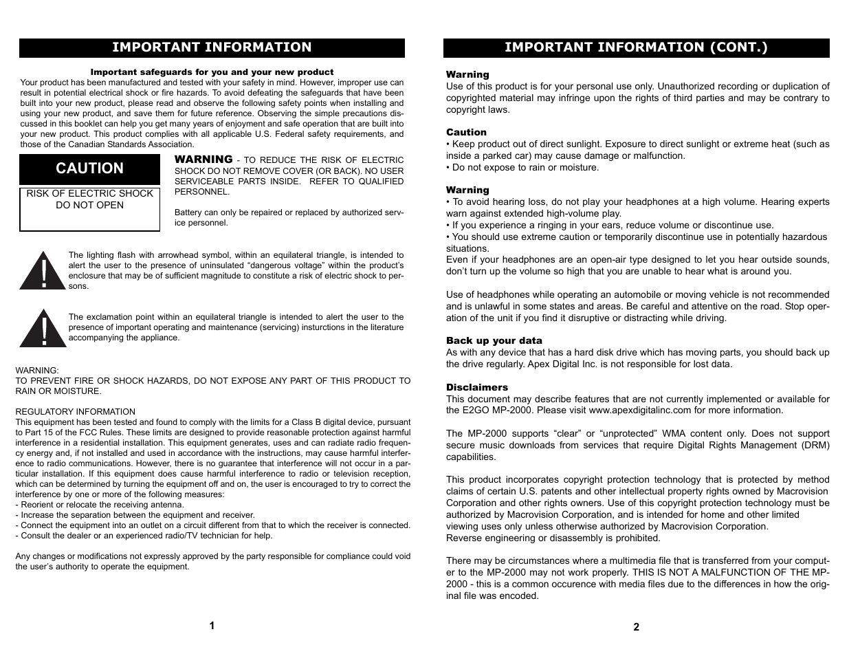 Caution, Important information (cont.), Important information | Apex Digital MP-2000 User Manual | Page 2 / 21