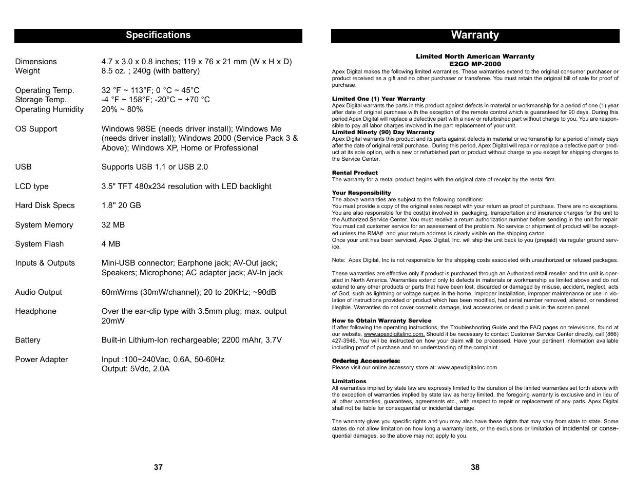 Warranty, Specifications | Apex Digital MP-2000 User Manual | Page 20 / 21