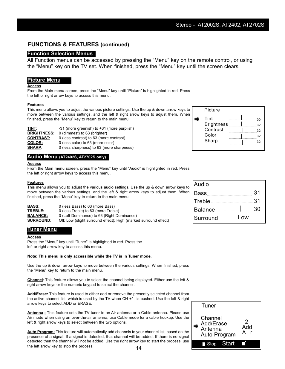 Functions & features, Start | Apex Digital AT2002S User Manual | Page 16 / 21