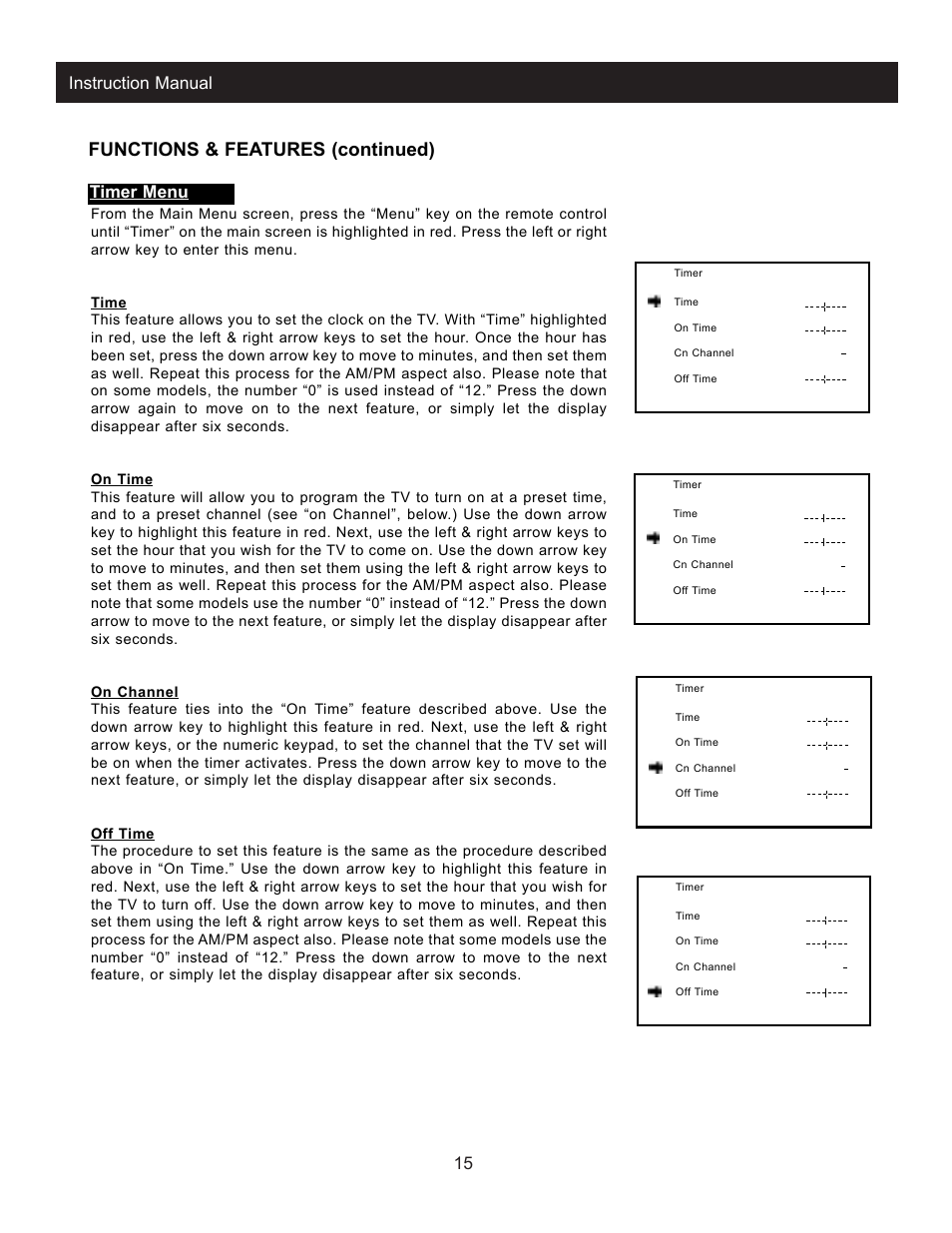 Functions & features (continued), 15 instruction manual, Timer menu | Apex Digital AT2002S User Manual | Page 17 / 21