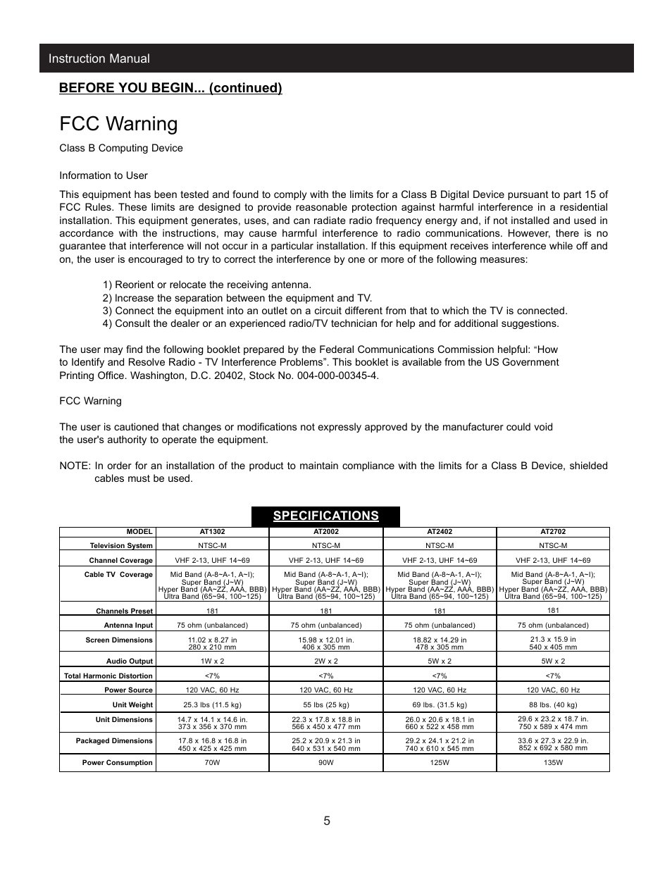 Fcc warning, Before you begin... (continued), 5instruction manual | Specifications | Apex Digital AT2002S User Manual | Page 7 / 21