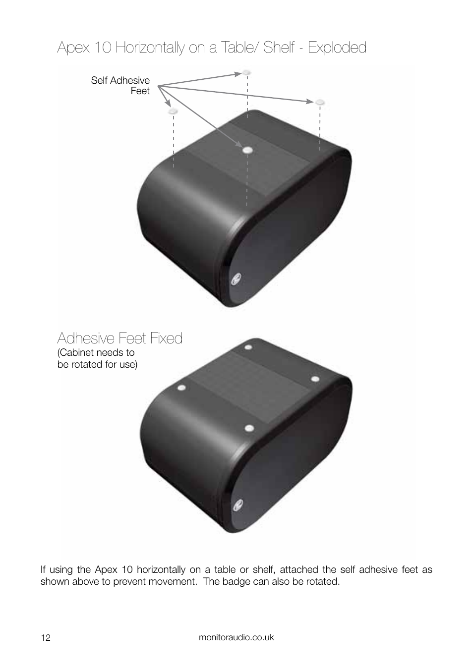 Apex 10 horizontally on a table/ shelf - exploded, Adhesive feet fixed | Apex Digital 10 User Manual | Page 14 / 24