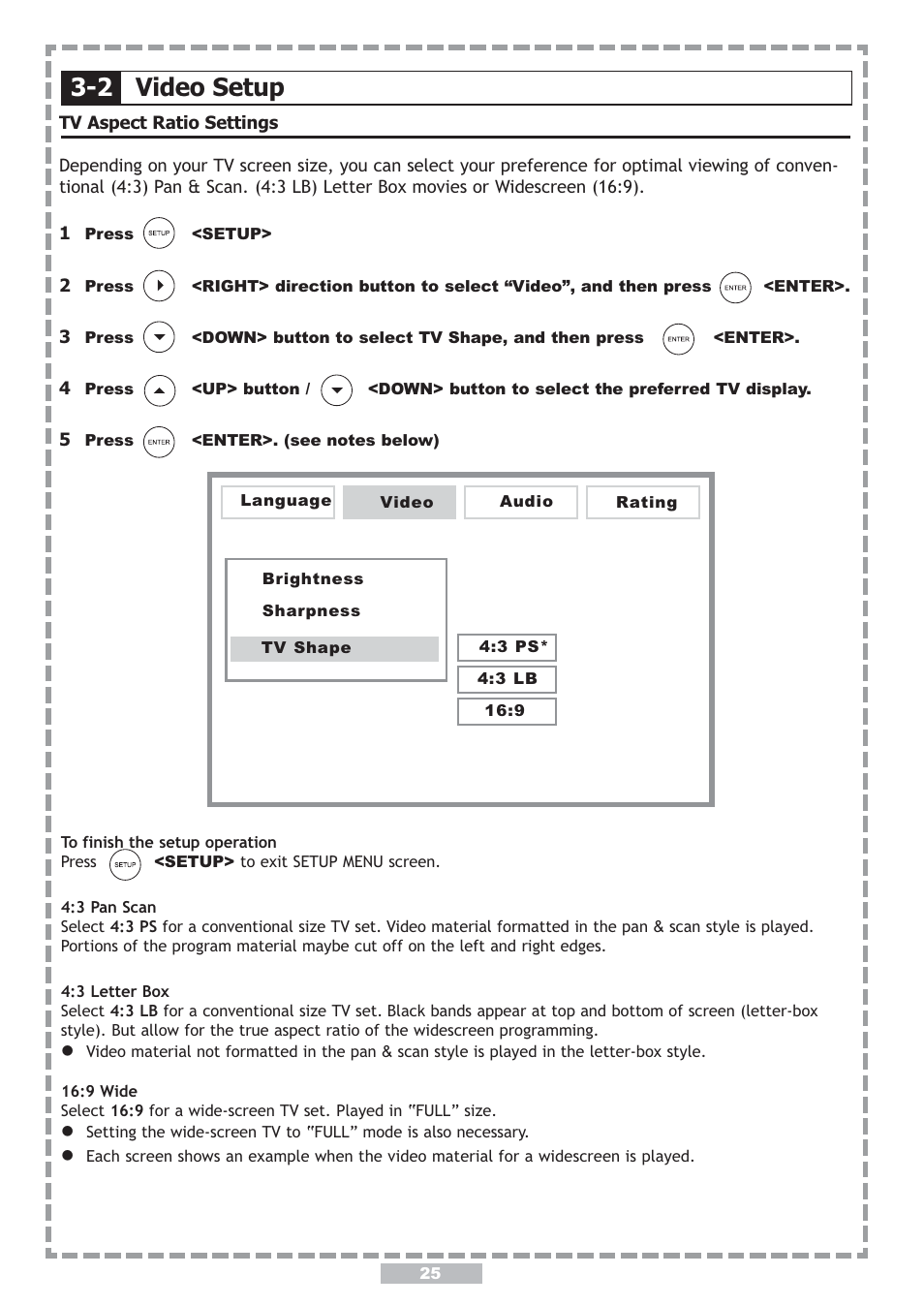 2 video setup, Move : select setup: language | Apex Digital PD-480 User Manual | Page 25 / 34