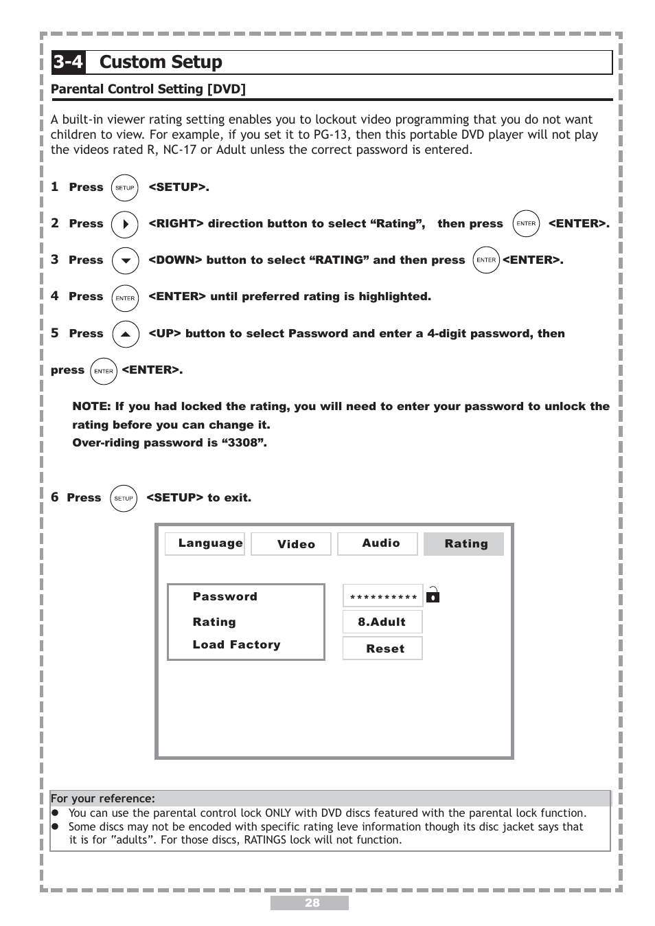 4 custom setup, Move : select setup: language | Apex Digital PD-480 User Manual | Page 28 / 34