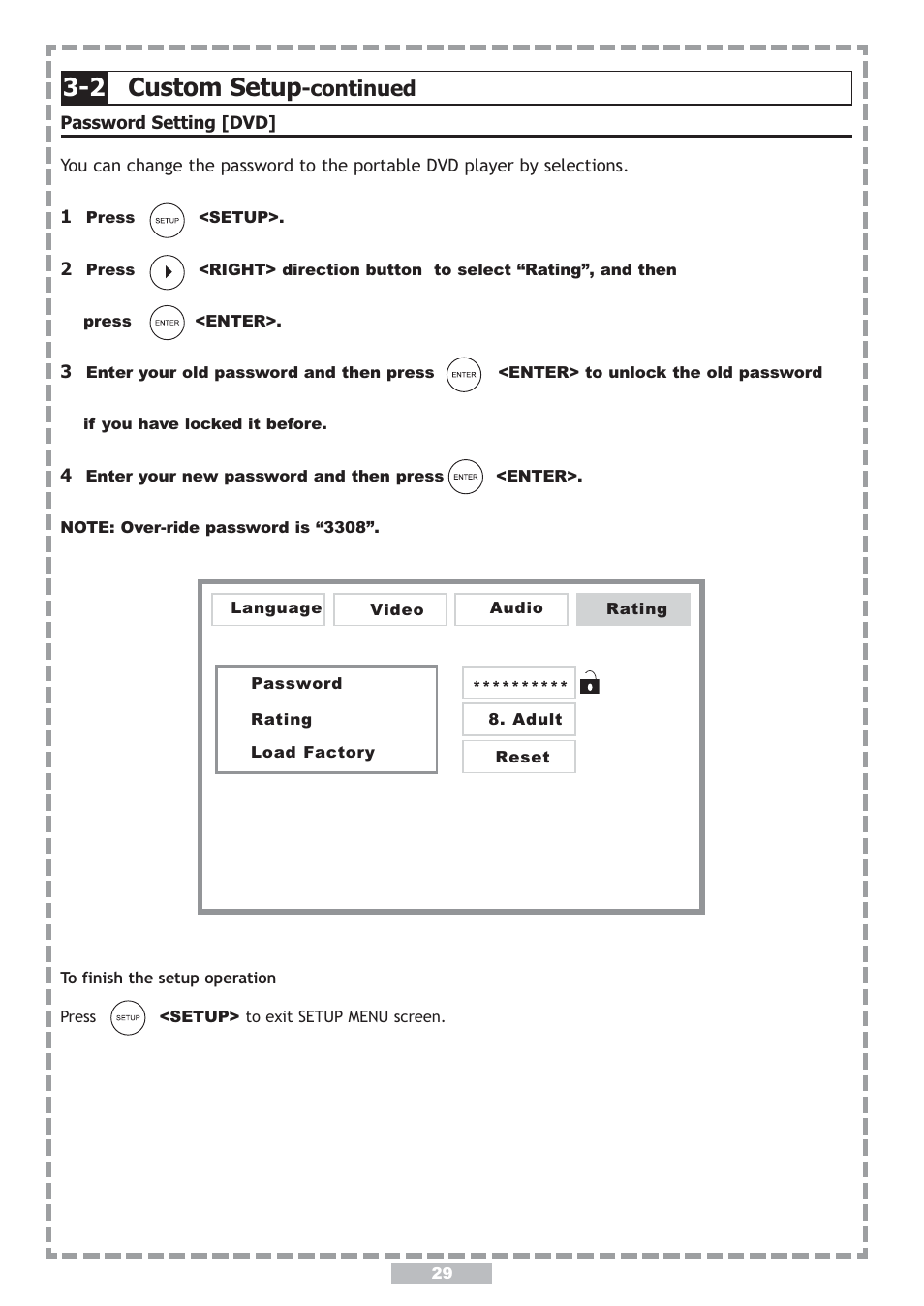 2 custom setup, Continued, Move : select setup: language | Apex Digital PD-480 User Manual | Page 29 / 34