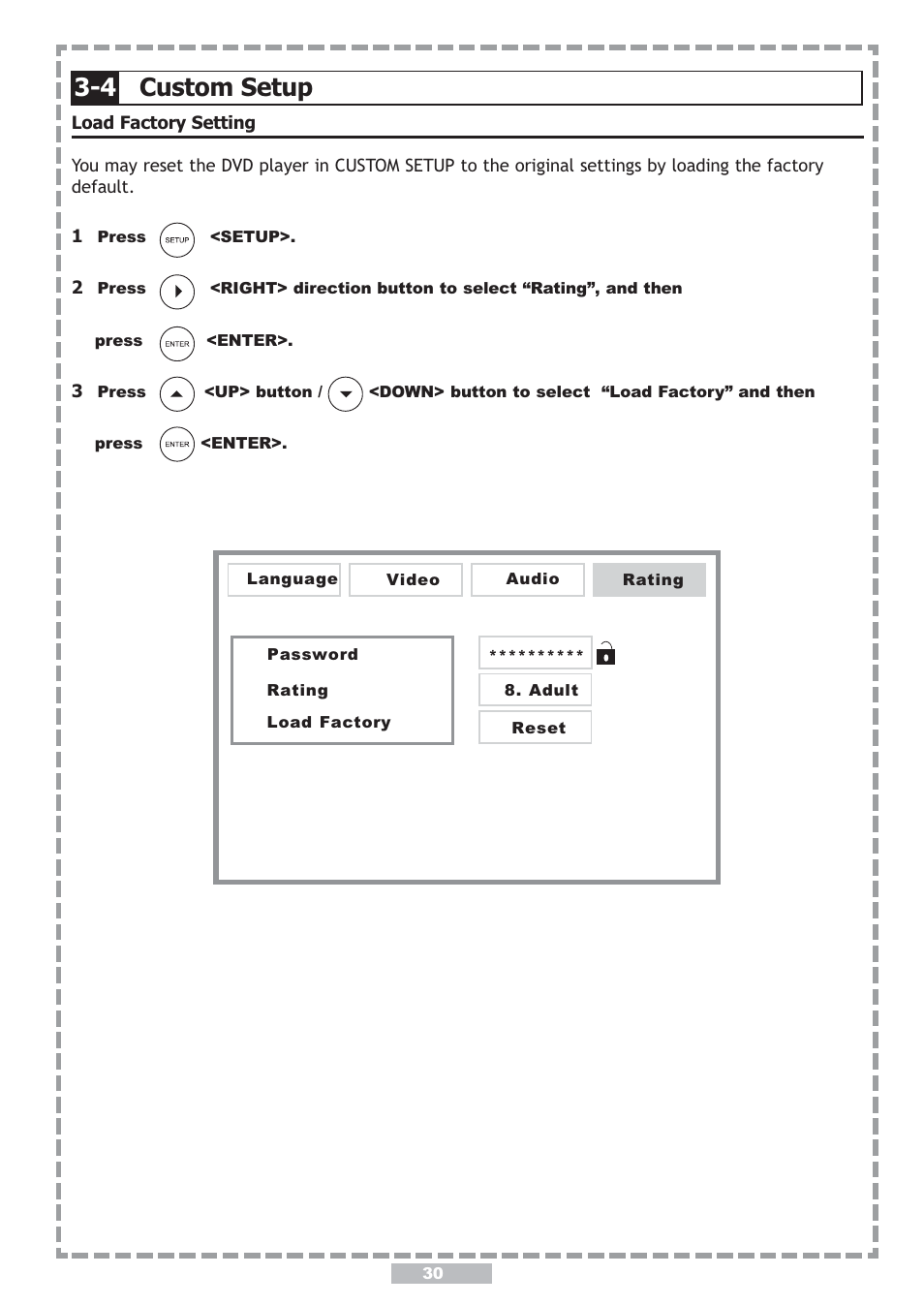 4 custom setup, Move : select setup: language | Apex Digital PD-480 User Manual | Page 30 / 34
