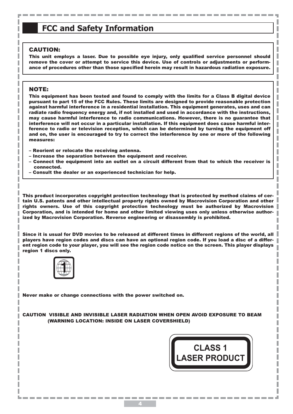Class 1 laser product, Fcc and safety information | Apex Digital PD-480 User Manual | Page 4 / 34