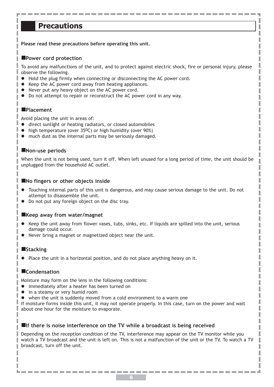 Precautions | Apex Digital PD-480 User Manual | Page 6 / 34