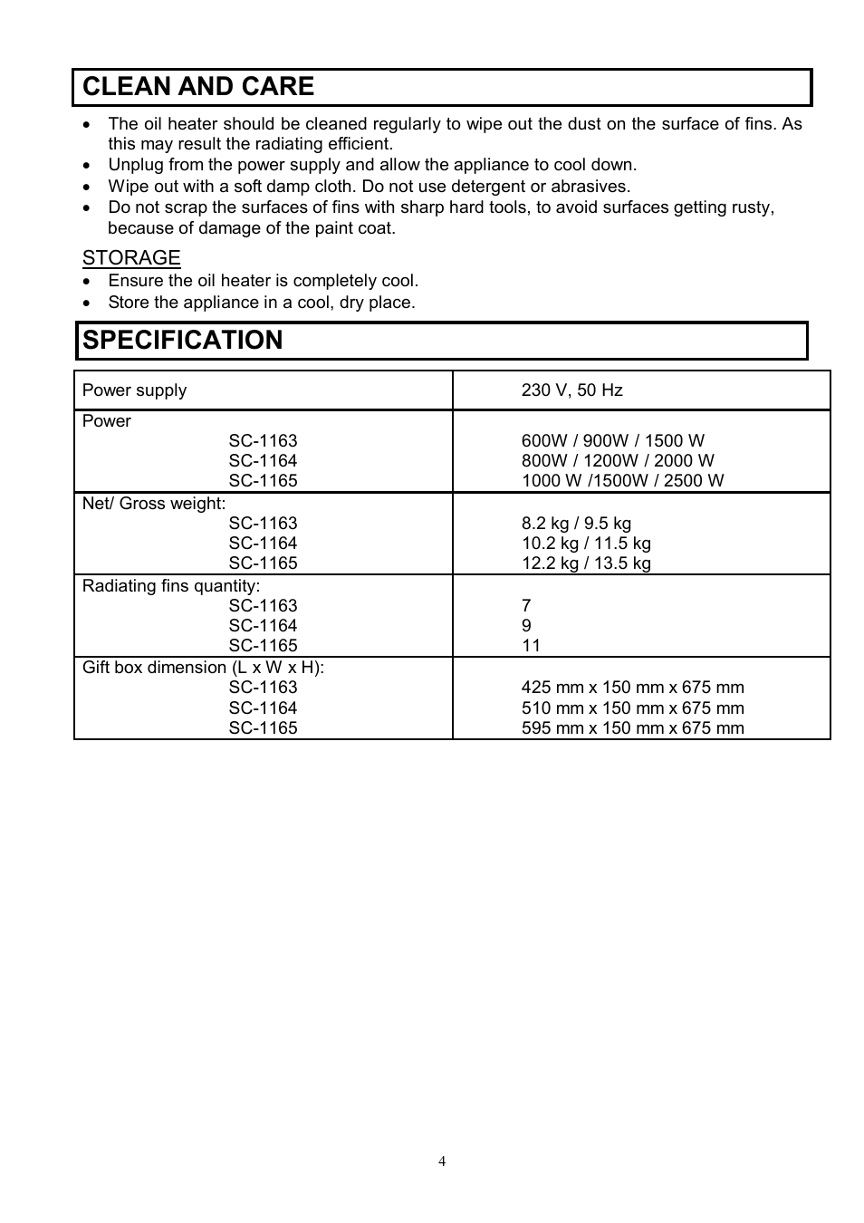 Clean and care, Specification | Scarlett SC-1163 User Manual | Page 4 / 7